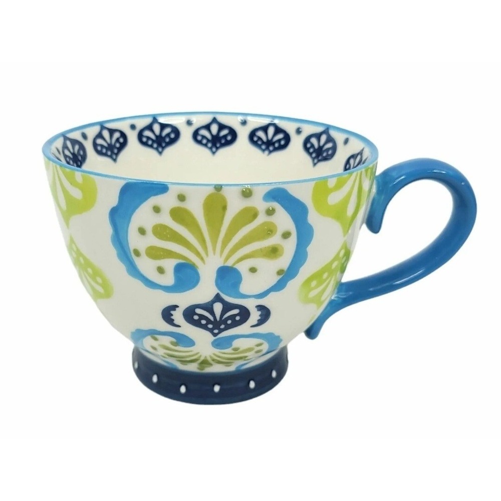 Coffee Mug Tea Cup Large 15 oz Footed Blue White Green Stonewear Raised Dots
